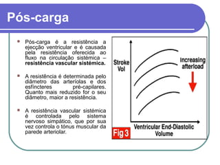 Pós-carga
 Pós-carga é a resistência a
ejecção ventricular e é causada
pela resistência oferecida ao
fluxo na circulação sistémica –
resistência vascular sistémica.
 A resistência é determinada pelo
diâmetro das arteríolas e dos
esfíncteres pré-capilares.
Quanto mais reduzido for o seu
diâmetro, maior a resistência.
 A resistência vascular sistémica
é controlada pelo sistema
nervoso simpático, que por sua
vez controla o tónus muscular da
parede arteriolar.
 