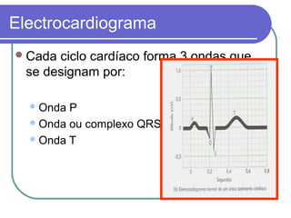 Electrocardiograma
Cada ciclo cardíaco forma 3 ondas que
se designam por:
Onda P
Onda ou complexo QRS
Onda T
 