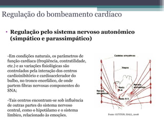 Regulação do bombeamento cardíaco
• Regulação pelo sistema nervoso autonômico
(simpático e parassimpático)
-Em condições naturais, os parâmetros de
função cardíaca (freqüência, contratilidade,
etc.) e as variações fisiológicas são
controlados pela interação dos centros
cardioinibitório e cardioacelerador do
bulbo, no tronco encefálico, de onde
partem fibras nervosas componentes do
SNA;
-Tais centros encontram-se sob influência
de outras partes do sistema nervoso
central, como o hipotálamo e o sistema
límbico, relacionado às emoções. Fonte: GUYTON; HALL, 2008
 