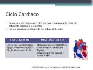 Ciclo Cardíaco
• Refere-se a um conjunto eventos que ocorrem no coração entre um
batimento cardíaco e o seguinte;
• Inicia a geração espontânea de um potencial de ação.
SÍSTOLE (B1-B2) DIÁSTOLE (B2-B1)
-Contração Isovolumétrica
-Ejeção Ventricular Rápida
-Ejeção Ventricular lenta
-Relaxamento Isovolumétrico
-Enchimentro Ventricular
Rápido
-Enchimento Ventricular >
Sístole Atrial
(GUYTON; HALL, 2008; PALOMO, 2007; SMELTZER; BARE, 2012)
 