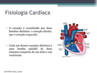 Fisiologia Cardíaca
• O coração é constituído por duas
bombas distintas: o coração direito,
que o coração esquerdo;
• Cada um desses corações distintos é
uma bomba pulsátil de duas
câmaras composta de um átrio e um
ventrículo;
(GUYTON; HALL, 2008)
 