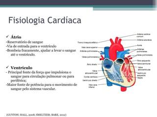 Fisiologia Cardíaca
 Átrio
-Reservatório de sangue
-Via de entrada para o ventrículo
-Bombeia fracamente, ajudar a levar o sangue
até o ventrículo.
 Ventrículo
- Principal fonte da força que impulsiona o
sangue para circulação pulmonar ou para
periférica;
-Maior fonte de potência para o movimento de
sangue pelo sistema vascular.
(GUYTON; HALL, 2008; SMELTZER; BARE, 2012)
 