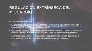 • FACTORES QUE AFECTAN:
• FACTORES NEUROHORMONALES  DEBIDOS A INFLUENCIAS DEL SISTEMA SIMPÁTICO Y
PARASIMPÁTICO O A ACCIÓN DE CATECOLAMINAS
• FACTORES CLÍNICOS Y FARMACOLÓGICOS  SON LOS CAMBIOS CONTRÁCTILES DEBIDOS
PRINCIPALMENTE A ALTERACIONES SANGUÍNEAS DEL EQUILIBRIO HIDROELÉCTRICO
• FACTORES PATOLÓGICOS  SON DEBIDOS A ISQUEMIA POR OCLUSIÓN CORONARIA O
EFECTOS TÓXICOS RESULTANTES DE BACTERIAS O AGENTES QUÍMICOS
 