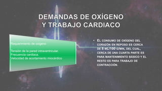 Requerimiento de oxigeno
Tensión de la pared intraventricular.
Frecuencia cardiaca.
Velocidad de acortamiento miocárdico
• EL CONSUMO DE OXÍGENO DEL
CORAZÓN EN REPOSO ES CERCA
DE 8 ML/100 G/MIN, DEL CUAL,
CERCA DE UNA CUARTA PARTE ES
PARA MANTENIMIENTO BÁSICO Y EL
RESTO ES PARA TRABAJO DE
CONTRACCIÓN.
 