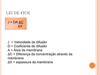 LEI DE FICK
J = DA ΔC
ΔX
J = Velocidade da difusão
D = Coeficiente de difusão
A = Área da membrana
ΔC = Diferença da concentração através da
membrana
ΔX = espessura da membrana
 