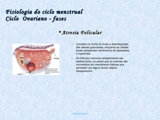 Fisiologia do ciclo menstrual Ciclo  Ovariano - fases Atresia Folicular Consiste na morte do óvulo e desintegração das células granulosas, enquanto as células tecais apresentam fenômenos de hiperplasia e hipertrofia. Os folículos menores simplesmente são reabsorvidos, ao passo que os maiores são convertidos em membranas hialinas que persistem por algum tempo depois desaparecem. Chirlei A Ferreira 