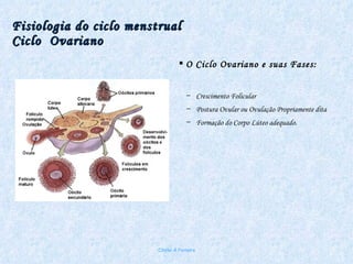 Fisiologia do ciclo menstrual Ciclo  Ovariano O Ciclo Ovariano e suas Fases: Crescimento Folicular Postura Ovular ou Ovulação Propriamente dita Formação do Corpo Lúteo adequado. Chirlei A Ferreira 