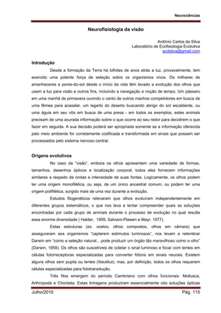 Neurociências
Julho/2010 Pág. 115
Neurofisiologia da visão
Antônio Carlos da Silva
Laboratório de Ecofisiologia Evolutiva
acdsilva@gmail.com
Introdução
Desde a formação da Terra há bilhões de anos atrás a luz, provavelmente, tem
exercido uma potente força de seleção sobre os organismos vivos. Os milhares de
amanheceres e pores-do-sol desde o início da vida têm levado a evolução dos olhos que
usam a luz para visão e outros fins, incluindo a navegação e noção de tempo. Um pássaro
em uma manhã de primavera ouvindo o canto de outros machos competidores em busca de
uma fêmea para acasalar, um lagarto do deserto buscando abrigo do sol escaldante, ou
uma águia em seu vôo em busca de uma presa - em todos os exemplos, estes animais
precisam de uma acurada informação sobre o que ocorre ao seu redor para decidirem o que
fazer em seguida. A sua decisão poderá ser apropriada somente se a informação oferecida
pelo meio ambiente for corretamente codificada e transformada em sinais que possam ser
processados pelo sistema nervoso central.
Origens evolutivos
No caso da “visão”, embora os olhos apresentem uma variedade de formas,
tamanhos, desenhos ópticos e localização corporal, todos eles fornecem informações
similares a respeito de ondas e intensidade de suas fontes. Logicamente, os olhos podem
ter uma origem monofilética, ou seja, de um único ancestral comum, ou podem ter uma
origem polifilética, surgido mais de uma vez durante a evolução.
Estudos filogenéticos relevaram que olhos evoluíram independentemente em
diferentes grupos sistemáticos, o que nos leva a tentar compreender quais as soluções
encontradas por cada grupo de animais durante o processo de evolução no qual resulta
essa enorme diversidade ( Halder, 1995; Salviani-Plawen e Mayr, 1977).
Estas estruturas (ex. ocelos, olhos compostos, olhos em câmara) que
asseguraram aos organismos “captarem estímulos luminosos”, nos levam a relembrar
Darwin em “como a seleção natural... pode produzir um órgão tão maravilhoso como o olho”
(Darwin, 1859). Os olhos são suscetíveis de coletar o sinal luminoso e focar com lentes em
células fotorreceptoras especializadas para converter fótons em sinais neurais. Existem
alguns olhos sem pupila ou lentes (Nautilus), mas, por definição, todos os olhos requerem
células especializadas para fototransdução.
Três filos emergem do período Cambriano com olhos funcionais: Mollusca,
Arthropoda e Chordata. Estas linhagens produziram essencialmente oito soluções ópticas
 