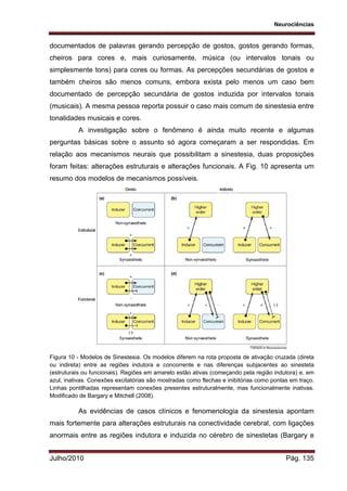 Neurociências
Julho/2010 Pág. 135
documentados de palavras gerando percepção de gostos, gostos gerando formas,
cheiros para cores e, mais curiosamente, música (ou intervalos tonais ou
simplesmente tons) para cores ou formas. As percepções secundárias de gostos e
também cheiros são menos comuns, embora exista pelo menos um caso bem
documentado de percepção secundária de gostos induzida por intervalos tonais
(musicais). A mesma pessoa reporta possuir o caso mais comum de sinestesia entre
tonalidades musicais e cores.
A investigação sobre o fenômeno é ainda muito recente e algumas
perguntas básicas sobre o assunto só agora começaram a ser respondidas. Em
relação aos mecanismos neurais que possibilitam a sinestesia, duas proposições
foram feitas: alterações estruturais e alterações funcionais. A Fig. 10 apresenta um
resumo dos modelos de mecanismos possíveis.
Figura 10 - Modelos de Sinestesia. Os modelos diferem na rota proposta de ativação cruzada (direta
ou indireta) entre as regiões indutora e concorrente e nas diferenças subjacentes ao sinesteta
(estruturais ou funcionais). Regiões em amarelo estão ativas (começando pela região indutora) e, em
azul, inativas. Conexões excitatórias são mostradas como flechas e inibitórias como pontas em traço.
Linhas pontilhadas representam conexões presentes estruturalmente, mas funcionalmente inativas.
Modificado de Bargary e Mitchell (2008).
As evidências de casos clínicos e fenomenologia da sinestesia apontam
mais fortemente para alterações estruturais na conectividade cerebral, com ligações
anormais entre as regiões indutora e induzida no cérebro de sinestetas (Bargary e
 