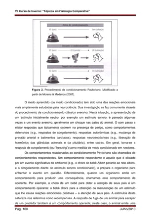 VII Curso de Inverno: “Tópicos em Fisiologia Comparativa”
Pág. 168 Julho/2010
Figura 2. Procedimento de condicionamento Pavloviano. Modificado a
partir de Moreira & Medeiros (2007).
O medo aprendido (ou medo condicionado) tem sido uma das reações emocionais
mais amplamente estudadas pela neurociência. Sua investigação se faz comumente através
do procedimento de condicionamento clássico aversivo. Nesta situação, a apresentação de
um estímulo inicialmente neutro, por exemplo um estímulo sonoro, é pareado algumas
vezes a um evento aversivo, geralmente um choque nas patas do animal. O som passa a
eliciar respostas que tipicamente ocorrem na presença de perigo, como comportamentos
defensivos (e.g., respostas de congelamento), respostas autonômicas (e.g., mudança de
pressão arterial e batimentos cardíacos), respostas neuroendócrinas (e.g., liberação de
hormônios das glândulas adrenais e da pituitária), entre outras. Em geral, toma-se a
resposta de congelamento (ou “freezing”) como medida de medo condicionado em roedores.
Os comportamentos relacionados ao condicionamento Pavloviano são chamados de
comportamentos respondentes. Um comportamento respondente é aquele que é eliciado
por um evento significativo do ambiente (e.g., o choro do bebê Albert perante ao rato albino,
e o congelamento diante do estímulo sonoro condicionado), e prepara o organismo para
enfrentar o evento em questão. Diferentemente, quando um organismo emite um
comportamento para produzir uma consequência, chamamos este comportamento de
operante. Por exemplo, o choro de um bebê para obter a atenção de seus pais é um
comportamento operante: o bebê chora para a obtenção ou manutenção de um estímulo
que lhe causa reações emocionais positivas – a atenção de seus pais. A estímulos desta
natureza nos referimos como recompensas. A resposta de fuga de um animal para escapar
de um predador também é um comportamento operante; neste caso, o animal emite uma
 