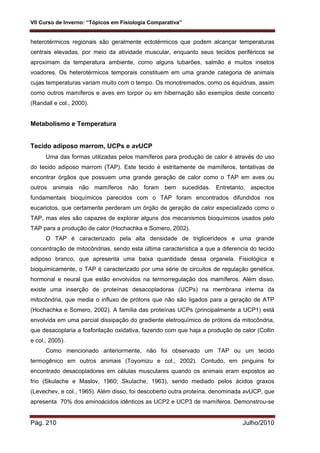 VII Curso de Inverno: “Tópicos em Fisiologia Comparativa”
Pág. 210 Julho/2010
heterotérmicos regionais são geralmente ectotérmicos que podem alcançar temperaturas
centrais elevadas, por meio da atividade muscular, enquanto seus tecidos periféricos se
aproximam da temperatura ambiente, como alguns tubarões, salmão e muitos insetos
voadores. Os heterotérmicos temporais constituem em uma grande categoria de animais
cujas temperaturas variam muito com o tempo. Os monotremados, como os équidnas, assim
como outros mamíferos e aves em torpor ou em hibernação são exemplos deste conceito
(Randall e col., 2000).
Metabolismo e Temperatura
Tecido adiposo marrom, UCPs e avUCP
Uma das formas utilizadas pelos mamíferos para produção de calor é através do uso
do tecido adiposo marrom (TAP). Este tecido é estritamente de mamíferos, tentativas de
encontrar órgãos que possuem uma grande geração de calor como o TAP em aves ou
outros animais não mamíferos não foram bem sucedidas. Entretanto, aspectos
fundamentais bioquímicos parecidos com o TAP foram encontrados difundidos nos
eucariotos, que certamente perderam um órgão de geração de calor especializado como o
TAP, mas eles são capazes de explorar alguns dos mecanismos bioquímicos usados pelo
TAP para a produção de calor (Hochachka e Somero, 2002).
O TAP é caracterizado pela alta densidade de triglicerídeos e uma grande
concentração de mitocôndrias, sendo esta última característica a que a diferencia do tecido
adiposo branco, que apresenta uma baixa quantidade dessa organela. Fisiológica e
bioquimicamente, o TAP é caracterizado por uma série de circuitos de regulação genética,
hormonal e neural que estão envolvidos na termorregulação dos mamíferos. Além disso,
existe uma inserção de proteínas desacopladoras (UCPs) na membrana interna da
mitocôndria, que media o influxo de prótons que não são ligados para a geração de ATP
(Hochachka e Somero, 2002). A família das proteínas UCPs (principalmente a UCP1) está
envolvida em uma parcial dissipação do gradiente eletroquímico de prótons da mitocôndria,
que desacoplaria a fosforilação oxidativa, fazendo com que haja a produção de calor (Collin
e col., 2005).
Como mencionado anteriormente, não foi observado um TAP ou um tecido
termogênico em outros animais (Toyomizu e col., 2002). Contudo, em pinguins foi
encontrado desacopladores em células musculares quando os animais eram expostos ao
frio (Skulache e Maslov, 1960; Skulache, 1963), sendo mediado pelos ácidos graxos
(Levechev, e col., 1965). Além disso, foi descoberto outra proteína, denominada avUCP, que
apresenta 70% dos aminoácidos idênticos as UCP2 e UCP3 de mamíferos. Demonstrou-se
 