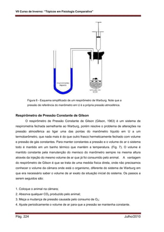 VII Curso de Inverno: “Tópicos em Fisiologia Comparativa”
Pág. 224 Julho/2010
Figura 6 - Esquema simplificado de um respirômetro de Warburg. Note que a
pressão de referência do manômetro em U é a própria pressão atmosférica.
Respirômetro de Pressão Constante de Gilson
O respirômetro de Pressão Constante de Gilson (Gilson, 1963) é um sistema de
respirometria fechada semelhante ao Warburg, porém resolve o problema de alterações na
pressão atmosférica ao ligar uma das pontas do manômetro líquido em U a um
termobarômetro, que nada mais é do que outro frasco hermeticamente fechado com volume
e pressão de gás constantes. Para manter constantes a pressão e o volume do ar o sistema
todo é mantido em um banho térmico que mantém a temperatura. (Fig. 7). O volume é
mantido constante pela manutenção do menisco do manômetro sempre na mesma altura
através da injeção do mesmo volume de ar que já foi consumido pelo animal. A vantagem
do respirômetro de Gilson é que se trata de uma medida física direta, onde não precisamos
conhecer o volume da câmara onde está o organismo, diferente do sistema de Warburg em
que era necessário saber o volume de ar exato da situação inicial do sistema. Os passos a
serem seguidos são:
1. Coloque o animal na câmara;
2. Absorva qualquer CO2 produzido pelo animal;
3. Meça a mudança de pressão causada pelo consumo de O2;
4. Ajuste periodicamente o volume de ar para que a pressão se mantenha constante.
 