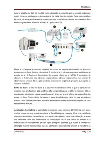 Metablismo
Julho/2010 Pág. 229
guiar a escolha do tipo de medida mais adequado à pergunta que se deseja responder,
assim como as vantagens e desvantagens de cada tipo de medida. Para mais detalhes
técnicos, dicas de equipamentos e soluções para possíveis problemas, recomendo o livro
Measuring Metabolic Rates de John R. B. Lighton de 2008.
Figura 9 – Esquema de uma das maneiras de montar um sistema respirométrico de fluxo com
equipamento da Sable Systems International. 1. bomba de ar; 2. câmara para manter estabilidade de
pressão do ar; 3. fluxímetro; 4.controlador de umidade relativa do ar (UR%); 5. controlador de
abertura e fechamento das câmaras respirométricas; câmara respirométrica com animal; 7.
absorvedor de umidade do ar e gás carbônico; analisador de oxigênio; 9. programa que registra os
dados do analisador.
Linha de base: a linha de base é o patamar de referência sobre o qual o consumo de
oxigênio ou a produção de gás carbônico são comparados para se obter a medição. São as
quantidades iniciais dos gases presentes no ar, antes do animal alterar as proporções dos
gases no fluxo. Como a linha de base é o valor de referência a partir do qual se obtém a
medida, esta precisa estar bem estável e estabelecida antes do início do registro de uma
respirometria de fluxo.
Analisador de oxigênio: a quantidade de oxigênio no ar (cerca de 20,95%) faz com que a
medida possa ter uma grande amplitude e flutuabilidade de resposta. Uma boa medida de
consumo de oxigênio demanda um bom sensor de oxigênio, uma boa calibração e ajuste
dos sensores, uma boa estabilidade da composição do ar que entra no sistema e a
manutenção do equipamento em um lugar protegido, detalhes que fazem a refletem na
obtenção de uma medida válida ou não. Conhecer o equipamento também é importante já
 
