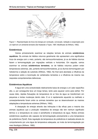 VII Curso de Inverno: “Tópicos em Fisiologia Comparativa”
Pág. 236 Julho/2010
Figura 1 - Representação da troca de energia por condução, convecção, radiação e evaporação para
um réptil em um ambiente terrestre (De Heatwole e Taylor, 1987, Modificado de Withers, 1992).
Ectotérmicos
Vamos primeiramente examinar as relações termais de animais ectotérmicos
aquáticos. Os animais de hábitos noturnos geralmente não apresentam uma significativa
troca de energia com o meio, portanto, são termoconformadores, já os de hábitos diurnos
fazem a termorregulação por migrações verticais e horizontais. Em seguida, vamos
examinar os animais ectotérmicos terrestres, os de hábitos noturnos podem evitar
temperaturas extremas, são, portanto termoconformadores, já os diurnos termorregulam por
heliotermia e seleção de substrato (Withers, 1992). No final será abordada a influência da
temperatura sobre a locomoção de vertebrados terrestres e a influência da mesma nas
respostas comportamentais defensivas.
Ectotérmicos Aquáticos
A água tem uma condutividade relativamente baixa de energia e um calor específico
alto, e, por conseguinte leva um longo tempo, tanto para aquecer como para esfriar. Por
causa disto, rápidas flutuações de temperatura do ar fora da água se transformam em
pequenas e lentas mudanças dentro dela. O ar é rapidamente aquecido ou resfriado e
conseqüentemente foram entre os animais terrestres que se desenvolveram as maiores
adaptações a temperaturas extremas (Withers, 1992).
A dissipação de energia através das brânquias é tão eficaz para a maioria dos
animais aquáticos que a produção metabólica de energia não tem nenhum significado
térmico e a temperatura do corpo é semelhante à temperatura da água. Muitos animais
ectotérmicos aquáticos são capazes de termorregulação precisamente a uma temperatura
de preferência (Tpref). Esta regulação da temperatura de preferência é realizada através do
comportamento por uma água de temperatura adequada, ao invés da termorregulação por
meio fisiológico (Withers, 1992).
 