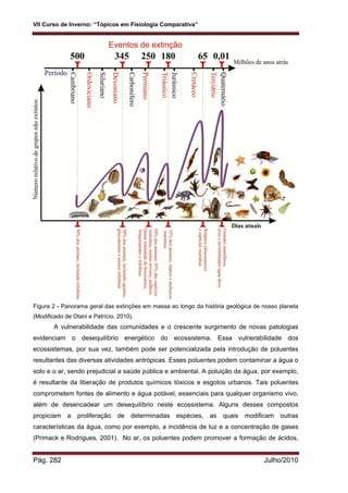 VII Curso de Inverno: “Tópicos em Fisiologia Comparativa”
Pág. 282 Julho/2010
Figura 2 - Panorama geral das extinções em massa ao longo da história geológica de nosso planeta
(Modificado de Otani e Patrício, 2010).
A vulnerabilidade das comunidades e o crescente surgimento de novas patologias
evidenciam o desequilíbrio energético do ecossistema. Essa vulnerabilidade dos
ecossistemas, por sua vez, também pode ser potencializada pela introdução de poluentes
resultantes das diversas atividades antrópicas. Esses poluentes podem contaminar a água o
solo e o ar, sendo prejudicial a saúde pública e ambiental. A poluição da água, por exemplo,
é resultante da liberação de produtos químicos tóxicos e esgotos urbanos. Tais poluentes
comprometem fontes de alimento e água potável, essenciais para qualquer organismo vivo,
além de desencadear um desequilíbrio neste ecossistema. Alguns desses compostos
propiciam a proliferação de determinadas espécies, as quais modificam outras
características da água, como por exemplo, a incidência de luz e a concentração de gases
(Primack e Rodrigues, 2001). No ar, os poluentes podem promover a formação de ácidos,
 