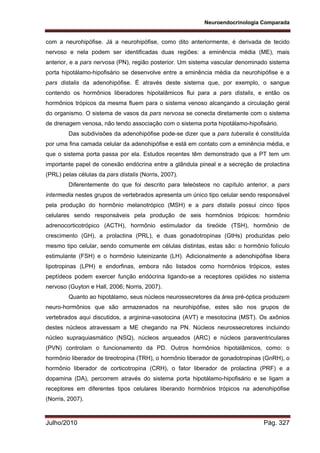 Neuroendocrinologia Comparada
Julho/2010 Pág. 327
com a neurohipófise. Já a neurohipófise, como dito anteriormente, é derivada de tecido
nervoso e nela podem ser identificadas duas regiões: a eminência média (ME), mais
anterior, e a pars nervosa (PN), região posterior. Um sistema vascular denominado sistema
porta hipotálamo-hipofisário se desenvolve entre a eminência média da neurohipófise e a
pars distalis da adenohipófise. É através deste sistema que, por exemplo, o sangue
contendo os hormônios liberadores hipotalâmicos flui para a pars distalis, e então os
hormônios trópicos da mesma fluem para o sistema venoso alcançando a circulação geral
do organismo. O sistema de vasos da pars nervosa se conecta diretamente com o sistema
de drenagem venosa, não tendo associação com o sistema porta hipotálamo-hipofisário.
Das subdivisões da adenohipófise pode-se dizer que a pars tuberalis é constituída
por uma fina camada celular da adenohipófise e está em contato com a eminência média, e
que o sistema porta passa por ela. Estudos recentes têm demonstrado que a PT tem um
importante papel de conexão endócrina entre a glândula pineal e a secreção de prolactina
(PRL) pelas células da pars distalis (Norris, 2007).
Diferentemente do que foi descrito para teleósteos no capítulo anterior, a pars
intermedia nestes grupos de vertebrados apresenta um único tipo celular sendo responsável
pela produção do hormônio melanotrópico (MSH) e a pars distalis possui cinco tipos
celulares sendo responsáveis pela produção de seis hormônios trópicos: hormônio
adrenocorticotrópico (ACTH), hormônio estimulador da tireóide (TSH), hormônio de
crescimento (GH), a prolactina (PRL), e duas gonadotropinas (GtHs) produzidas pelo
mesmo tipo celular, sendo comumente em células distintas, estas são: o hormônio folículo
estimulante (FSH) e o hormônio luteinizante (LH). Adicionalmente a adenohipófise libera
lipotropinas (LPH) e endorfinas, embora não listados como hormônios trópicos, estes
peptídeos podem exercer função endócrina ligando-se a receptores opióides no sistema
nervoso (Guyton e Hall, 2006; Norris, 2007).
Quanto ao hipotálamo, seus núcleos neurossecretores da área pré-óptica produzem
neuro-hormônios que são armazenados na neurohipófise, estes são nos grupos de
vertebrados aqui discutidos, a arginina-vasotocina (AVT) e mesotocina (MST). Os axônios
destes núcleos atravessam a ME chegando na PN. Núcleos neurossecretores incluindo
núcleo supraquiasmático (NSQ), núcleos arqueados (ARC) e núcleos paraventriculares
(PVN) controlam o funcionamento da PD. Outros hormônios hipotalâmicos, como: o
hormônio liberador de tireotropina (TRH), o hormônio liberador de gonadotropinas (GnRH), o
hormônio liberador de corticotropina (CRH), o fator liberador de prolactina (PRF) e a
dopamina (DA), percorrem através do sistema porta hipotálamo-hipofisário e se ligam a
receptores em diferentes tipos celulares liberando hormônios trópicos na adenohipófise
(Norris, 2007).
 