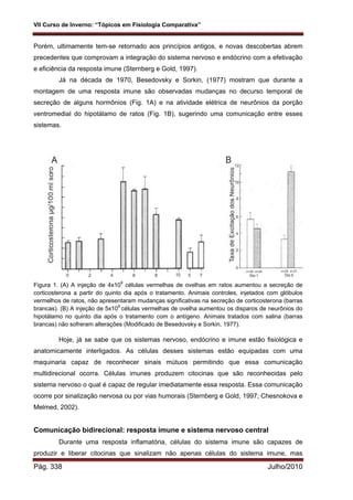 VII Curso de Inverno: “Tópicos em Fisiologia Comparativa”
Pág. 338 Julho/2010
Porém, ultimamente tem-se retornado aos princípios antigos, e novas descobertas abrem
precedentes que comprovam a integração do sistema nervoso e endócrino com a efetivação
e eficiência da resposta imune (Sternberg e Gold, 1997).
Já na década de 1970, Besedovsky e Sorkin, (1977) mostram que durante a
montagem de uma resposta imune são observadas mudanças no decurso temporal de
secreção de alguns hormônios (Fig. 1A) e na atividade elétrica de neurônios da porção
ventromedial do hipotálamo de ratos (Fig. 1B), sugerindo uma comunicação entre esses
sistemas.
Figura 1. (A) A injeção de 4x109
células vermelhas de ovelhas em ratos aumentou a secreção de
corticosterona a partir do quinto dia após o tratamento. Animais controles, injetados com glóbulos
vermelhos de ratos, não apresentaram mudanças significativas na secreção de corticosterona (barras
brancas). (B) A injeção de 5x109
células vermelhas de ovelha aumentou os disparos de neurônios do
hipotálamo no quinto dia após o tratamento com o antígeno. Animais tratados com salina (barras
brancas) não sofreram alterações (Modificado de Besedovsky e Sorkin, 1977).
Hoje, já se sabe que os sistemas nervoso, endócrino e imune estão fisiológica e
anatomicamente interligados. As células desses sistemas estão equipadas com uma
maquinaria capaz de reconhecer sinais mútuos permitindo que essa comunicação
multidirecional ocorra. Células imunes produzem citocinas que são reconhecidas pelo
sistema nervoso o qual é capaz de regular imediatamente essa resposta. Essa comunicação
ocorre por sinalização nervosa ou por vias humorais (Sternberg e Gold, 1997; Chesnokova e
Melmed, 2002).
Comunicação bidirecional: resposta imune e sistema nervoso central
Durante uma resposta inflamatória, células do sistema imune são capazes de
produzir e liberar citocinas que sinalizam não apenas células do sistema imune, mas
 