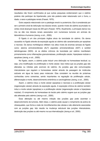 Ecotoxicologia Aquática
Julho/2010 Pág. 369
resultados não foram confirmados já que outras pesquisas evidenciaram que o cádmio
poderia não participar da hipertensão, pois isto poderia estar relacionado com o fumo, a
idade, o sexo e patologias renais (Fasset, 1975).
Outro aspecto relacionado com a patologia renal é a proteinúria. Ela é considerada por
ser o primeiro sinal de disfunção nos túbulos renais, quando níveis de cádmio acumulado no
córtex renal alcançam taxas de 200 ppm (Fasset, 1975). Atualmente, o principais danos nos
rins se dão nos túbulos renais associados com numerosos tumores em animais de
laboratórios e humanos (Jeong, e col.., 2000).
O fígado é um dos principais órgãos alvos da toxicidade do cádmio. Os danos
causados no fígado através da exposição aguda ao cádmio são caracterizados por apoptose
e necrose. Os danos morfológicos refletem nos altos níveis de enzimas serosas do fígado
como: alanina aminotransferase (ALT) aspartato aminotransferase (AST) e sorbitol
dehidrogenase (SDH). Já os efeitos crônicos da toxicidade por cádmio manifestam
primeiramente como inflamações granulomatoses, proliferação celular, hiperplasia nodular e
apoptose (Jeong, e col.., 2000).
No fígado, assim, o cádmio pode induzir uma disfunção na homeostase tecidual, ou
seja, uma modificação na proliferação e morte celular. Isso indica que as junções gap são
alteradas ou inibidas pelo acúmulo de cádmio. As junções gap são comunicações
intercelulares que regulam a homeostase celular através da passagem de moléculas
solúveis em água de baixo peso molecular. Elas consistem na reunião de proteínas
conhecidas como conexinas, sendo importantes na regulação da proliferação celular,
diferenciação e morte, desenvolvimento embriônico e carcinogênese (Jeong, e col.., 2000).
Assim, o cádmio induz a morte celular (apoptose e necrose) e a proliferação celular
(regeneração celular) através da exposição aguda. A exposição crônica de cádmio também
induz a morte celular (apoptose) e a proliferação celular (regeneração celular e hiperplasia
nodular). O rompimento da homeostase do tecido pelo cádmio sugere que as junções gap
são alteradas pelo cádmio (Jeong e col.., 2000).
Essa alteração ou até mesmo inibição das junções gap pode acarretar o
desenvolvimento de tumores. Além disso, o cádmio pode causar o rompimento da actina do
citoesqueleto, que forma a rede de microfilamentos das células e são altamente associadas
com as junções gap. Isto resulta na mudança estrutural das junções intercelulares,
destruição das junções ou até mesmo na sua internalização (Jeong e col., 2000).
 