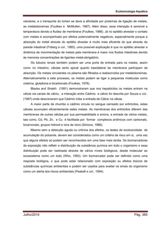 Ecotoxicologia Aquática
Julho/2010 Pág. 385
celulares, e o transporte do lúmen se deve a afinidade por proteínas de ligação de metais,
as metalotioneínas (Foulkes e McMullen, 1987). Além disso, essa interação é sensível a
temperatura devido a fluidez de membrana (Foulkes, 1988). Já no epitélio alveolar o contato
com metais é acompanhado por efeitos potencialmente negativos, especialmente porque a
absorção do metal através do epitélio alveolar é muito mais eficiente do que através da
parede intestinal (Friberg e col., 1985), uma possível explicação é que no epitélio alveolar a
dinâmica de movimentação de metais pela membrana é maior nos fluidos intestinais devido
às menores concentrações de ligantes metal-obrigatório.
Os túbulos renais também podem ser uma porta de entrada para os metais, assim
como no intestino, células tanto apical quanto basolateral da membrana participam da
absorção. Os metais circulantes no plasma são filtrados e reabsorvidos por metalotioneínas.
Alternativamente a este processo, os metais podem se ligar a pequenas moléculas como
cisteína, glutationa e bicarbonato (Foulkes, 1978).
Blazka and Shaikh (1991) demonstraram que nos hepatócitos os metais entram na
célula via canais de cálcio, a interação entre Cádmio e cálcio foi descrita por Souza e col..
(1997) onde descreveram que Cádmio inibe a entrada de Cálcio na célula.
A maior parte de chumbo e cádmio circula no sangue carreado por eritrócitos, estas
células acumulam eficientemente estes metais. As membranas dos eritrócitos diferem das
membranas de outras células por sua permeabilidade a anions, a entrada de vários metais,
tais como, Cd, Pb, Zn, e Cu é facilitada por formar complexos aniônicos com carbonato,
bicarnonato, grupos hidroxil e íons de cloro (Simons, 1986).
Mesmo sem a detecção aguda ou crônica dos efeitos, os testes de ecotoxicidade de
acumulação do poluente, devem ser considerados como um critério de risco em si, uma vez
que alguns efeitos só podem ser reconhecidos em uma fase mais tardia. Os biomarcadores
de exposição irão refletir a distribuição da substância química em todo o organismo e essa
distribuição pode ser rastreada através de vários níveis biológicos, desde molecular ao
ecossistema como um todo (Who, 1993). Um biomarcador pode ser definido como uma
resposta biológica, o que pode estar relacionado com exposição ou efeitos tóxicos de
substâncias químicas ambientais e podem ser usados para avaliar os sinais do organismo
como um alerta dos riscos ambientais (Peakall e col., 1994).
 