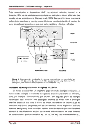 VII Curso de Inverno: “Tópicos em Fisiologia Comparativa”
Pág. 400 Julho/2010
Outra gonadotropina, o decapeptídeo GnRH (gonadotropin releasing hormone) e a
dopamina (DA), são os principais neurohormônios que estimulam e inibem a liberação das
gonadotropinas, respectivamente (Blazquez e col., 1998). Da mesma forma que ocorre para
os hormônios esteróides, o controle neuroendócrino da reprodução também é passível de
sofrer alterações por poluentes, ou seja, todo o eixo hipotálamo – hipófise – gônadas.
Processos neurodegenerativos: Manganês e Alumínio
Os metais “pesados” têm um importante papel em muitas doenças neurológicas. A
maioria destas doenças é decorrente da exposição excessiva proveniente do ambiente,
como por exemplo, envenenamento por chumbo. Um segundo grupo de doenças
neurológicas, está associado com deposições anormais de metais sem a exposição
ambiental excessiva, tais como a doença de Wilson. Há também um terceiro grupo de
transtornos nos quais a patogênese pode ser uma extensão natural da presença dos íons
metálicos (Montgomery, 1995). O sistema nervoso é um alvo sensível para uma variedade
de metais e a neurotoxicidade induzida por um metal tem sido descrita em seres humanos
em conexão com a poluição ambiental (Hg, Pb, Cu, Mn, Fe), uso de medicamentos (Li,
 