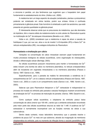 Sinalização Celular
Julho/2010 Pág. 45
a sincronia é perdida, um dos fenômenos que sugeriram que o hospedeiro tem papel
fundamental no estabelecimento do ritmo. (Hotta e col., 2000).
A melatonina tem um largo espectro de atuação (vertebrados, plantas e protozoários)
podendo ser sintetizada em vários tecidos, porém sua síntese rítmica é confinada
primariamente à glândula pineal. Este hormônio é sintetizado a partir de serotonina, que está
presente em grande quantidade na glândula pineal.
É interessante observar ainda que os precursores da melatonina, que são devirados
do triptofano, têm o mesmo efeito da melatonina tanto no ciclo celular do Plasmodium quanto
na mobilização de Ca2+
de estoques intracelulares (Beraldo e col., 2005).
Hotta e col., (2000) consideram que a melatonina é capaz de ativar a cascata da
fosfolipase C que, por sua vez, ativa a via de inositol 1,4,5-triposfato (IP3) e libera Ca2+
do
retículo endoplasmático (RE), nos estágios trofozoitos do Plasmodium.
Homeostasia e sinalização por cálcio
Variações na concentração de cálcio intracelular exercem papel fundamental em
muitos processos biológicos de células eucarióticas, como organização do citoesqueleto,
divisão e diferenciação celular (Berridge, 2003).
As células eucarióticas possuem mecanismos para manter a homeostasia de Ca2+
estes incluem uma bomba de cálcio na membrana plasmática, no retículo endoplasmático
além de trocadores em organelas intracelulares e na membrana plasmática (Passos e
Garcia, 1997; Garcia e col., 1998).
Especificamente, para o parasita da malária foi demonstrado a existência de 2
compartimentos de Ca2+
: um é o clássico retículo endoplasmatico (Passos and Garcia, 1997,
Varoti e col., 2003) e o outro é um compartimento ácido (Garcia e col., 1998, Varotti e col.,
2003).
Sabe-se que para Plasmodium falciparum o Ca2+
extracelular é indispensável no
processo de invasão do eritrócito pelo parasita e estudos fisiológicos mostram envolvimento
da sinalização de Ca2+
no processo de maturação do parasita. (Garcia, 1999, Gazarini e col.,
2003).
Como qualquer célula eucariótica, o citoplasma do eritrócito possui baixa
concentração de cálcio (menor que 100 nM ), sendo que o ambiente extracelular encontrado
pela maior parte das células eucarióticas situa-se ao redor de 1 mM. A ausência de Ca2+
extracelular é normalmente incompatível com as funções normais da célula e sua
sobrevivência.
Dentro deste contexto, nosso laboratório demonstrou que o parasita resolve o
problema de pouco Ca2+
no meio em que sobrevive, através da invaginação da membrana
citoplasmática do eritrócito, pois no momento da infecção forma o vacúolo parasitóforo (VP)
 