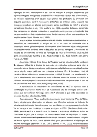 Sinalização Celular
Julho/2010 Pág. 51
replicação do vírus, interrompendo o seu ciclo de infecção. A princípio, observou-se que
algumas linhagens transgênicas apresentavam-se resistentes e outras não. Curiosamente,
as linhagens resistentes eram aquelas cujas plantas não produziam, ou produziam em
pequena quantidade, os RNA mensageiros (mRNAs) e as proteínas virais, enquanto nas
linhagens suscetíveis as plantas expressavam grande quantidade de mRNA e proteína
transgênicos (Goodwin e col., 1996; Mueller e col., 1995). A análise da taxa de transcrição
dos transgenes em plantas resistentes e suscetíveis comprovou que a introdução dos
transgenes virais conferia resistência por meio do silenciamento gênico postranscricional de
seqüências homólogas (Mueller e col., 1995).
A replicação de vírus com genoma de RNA também pode disparar eficientemente o
mecanismo de silenciamento. A indução de PTGS por vírus foi confirmada com a
observação de que genes endógenos ou transgenes eram silenciados após a infecção com
vírus recombinantes contendo parte da seqüência do gene ou transgene. O mecanismo de
indução de silenciamento por meio da replicação de vírus foi denominado virus-induced
gene silencing (VIGS) (Kjemtrup e col., 1998; Kumagai e col., 1995; Ratcliff e col., 2001;
Ruiz e col., 1998).
A primeira evidência direta de que dsRNA pode levar ao silenciamento foi obtida em
C. elegans. Utilizando a técnica de expressão de moléculas anti-senso para inibir a
expressão gênica, foi demonstrado que moléculas com polaridade senso eram tão eficientes
para a inibição quanto moléculas com polaridade anti-senso (Guo & Kemphues, 1995). O
paradoxo foi resolvido quando se demonstrou que o dsRNA é o indutor de silenciamento, e
que o silenciamento nos experimentos com moléculas senso fita simples era devido à
presença de uma pequena quantidade de dsRNA contaminante nas preparações in vitro de
RNA fita simples (Fire e col., 1998; Montgomery e Fire, 1998).
A especificidade do mecanismo de silenciamento de RNA foi explicada com a
identificação de pequenos RNAs de 21-25 nucleotídeos (nt), de orientação senso e anti-
senso, que apresentavam homologia com o RNA silenciado e que estão associados ao
processo (Hamilton e Baulcombe, 1999).
Esses pequenos RNAs, atualmente denominados small interfering RNAs (siRNAs),
foram primeiramente observados em plantas, sob diferentes sistemas de indução de
silenciamento (introdução de um transgene com homologia a um gene endógeno, introdução
de um transgene sem homologia com gene endógeno, e VIGS) (Hamilton e Baulcombe,
1999). Além de explicar a especificidade do sistema, o acúmulo de siRNAs em ambas as
orientações sugeriu que a formação de dsRNA ocorre antes da degradação do mRNA.
Estudos adicionais em Drosophila demonstraram que os siRNAs são resultado da clivagem
de dsRNA injetado na célula, e que servem como “guia” para direcionar a degradação de
mRNAs homólogos (Bernstein e col., 2001; Zamore e col., 2000). Oligonucleotídeos
 