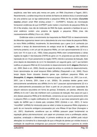 Sinalização Celular
Julho/2010 Pág. 53
seqüência, este fator seria pelo menos em parte, um RNA (Vaucheret e Fagard, 2001).
Recentemente, a análise bioquímica de extrato de floema de abóbora levou à caracterização
de uma proteína que se liga seletivamente a pequenos RNAs de fita simples (Cucurbita
maxima phloem small RNA binding protein 1 - CmPSRP1). Estudos de microinjeção
forneceram evidências de que CmPRSP1 pode mediar o movimento de pequenos RNAs de
25 nt fita simples, mas não de moléculas de RNA fita dupla, apoiando a hipótese de que o
sinal sistêmico contém uma proteína de ligação a pequenos RNAs (mas não
necessariamente siRNAs) (Yoo e col., 2004).
Evidências sobre o envolvimento da maquinaria de RNAi/PTGS no desenvolvimento
de diferentes organismos vieram com a descoberta de uma nova classe de pequenos RNAs,
os micro RNAs (miRNAs). Inicialmente, foi demonstrado que o gene Lin-4, conhecido por
controlar o tempo de desenvolvimento do estágio larval de C. elegans, não codificava
nenhuma proteína, e sim um par de pequenos RNAs, um com aproximadamente 22 nt e o
outro com 16 nt (Lee e col., 1993). Estes pequenos RNAs eram complementares a várias
regiões da região 3’ não-traduzida (3’NTR) do gene Lin-14, propondo-se que eles mediam a
repressão de Lin-14 por pareamento na região 3’NTR, inibindo o processo de tradução. Sete
anos depois da descoberta de Lin-4, foi descoberto um segundo gene, Let-7, que também
codifica um pequeno RNA de 22 nt envolvido no desenvolvimento de C. elegans (Reinhart e
col., 2000; Slack e col., 2000). Devido ao papel de ambos no controle do desenvolvimento,
foram denominados de small temporal RNAs (stRNAs) (Pasquinelli e col., 2000). Pouco
tempo depois foram clonados diversos genes que codificam pequenos RNAs em
Drosophila, C. elegans, Arabidopsis e humanos (Lagos- Quintana e col., 2001; Lau e col.,
2001; Lee e Ambros, 2001; Llave e col., 2002b). Os produtos destes genes eram
estruturalmente semelhantes aos stRNAs lin-4 e let-7: possuíam aproximadamente 22 nt e
eram potencialmente processados por Dicer a partir de um precursor com capacidade de
adquirir estrutura secundária em forma de grampo. Entretanto, em plantas, diferente dos
stRNAs lin-4 e let-7, eles não interferem com o processo de tradução. Nos casos em que o
alvo desses pequenos RNAs já foi identificado, comprovou-se que ocorre pareamento entre
o pequeno RNA e a região codificadora do mRNA alvo, e que esse pareamento gera uma
região de dsRNA que é clivada pelo complexo RISC (Grishok e col., 2001). O termo
“microRNA” (miRNA) foi introduzido para se referir a todos os pequenos RNAs originados a
partir de um transcrito endógeno processados por uma RNase III tipo Dicer (Hutvagner e
col., 2001). Atualmente, acredita-se que os miRNAs possuem papel fundamental na
regulação gênica pós-transcricional, com papel em processos como a proliferação celular,
apoptose, sinalização e diferenciação. A primeira evidência de que dsRNA pode induzir
alterações na cromatina foi a observação de que a infecção de plantas por viróides levava à
metilação de seqüências endógenas que possuíam homologia com o genoma do viróide
 