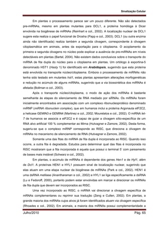 Sinalização Celular
Julho/2010 Pág. 65
Em plantas o processamento parece ser um pouco diferente. Não são detectados
pre-miRNAs, mesmo em plantas mutantes para DCL1, a proteína homóloga à Dicer
envolvida na biogênese de miRNAs (Reinhart e col., 2002). A localização nuclear de DCL1
sugere esta realiza o papel funcional de Drosha (Papp e col., 2003). DCL1 (ou outra enzima
ainda não identificada) realiza também a segunda clivagem, correspondente à clivagem
citoplasmática em animais, antes da exportação para o citoplasma. O acoplamento da
primeira e segunda clivagens no núcleo pode explicar a ausência de pre-miRNAs em níveis
detectáveis em plantas (Bartel, 2004). Não existem dados conclusivos sobre o transporte do
miRNA de fita dupla do núcleo para o citoplasma em plantas. Um ortólogo à exportina-5
denominado HST1 (Hasty 1) foi identificado em Arabidopsis, sugerindo que esta proteína
está envolvida no transporte núcleo/citoplasma. Embora o processamento de miRNAs não
tenha sido testado em mutantes hst1, estas plantas apresentam alterações morfogenéticas
e redução no acúmulo de alguns miRNAs, sugerindo que a via biossintética dos miRNAs é
afetada (Bollman e col., 2003).
Após o transporte núcleo/citoplasma, o modo de ação dos miRNAs é bastante
semelhante às etapas do silenciamento de RNA mediado por siRNAs. Os miRNAs foram
inicialmente encontrados em associação com um complexo ribonucleoprotéico denominado
miRNP (miRNA ribonuclein complex), que em humanos inclui a proteína Argonauta eIF2C2,
a helicase GEMIN3 e GEMIN4 (Martinez e col., 2002; Mourelatos e col., 2002). O miRNA let-
7 de humanos se associa a eIF2C2 e é capaz de guiar a clivagem sítio-específica de um
RNA alvo artificial 100 % complementar ao Mirna (Hutvagner e Zamore, 2002). Desta forma,
sugeriu-se que o complexo miRNP corresponde ao RISC, que direciona a clivagem de
mRNAs no mecanismo de silenciamento de RNA (Hutvagner e Zamore, 2002).
Somente uma das fitas do miRNA de fita dupla é incorporada ao RISC. Quando isso
ocorre, a outra fita é degradada. Estudos para determinar qual das fitas é incorporada no
RISC mostraram que a fita incorporada é aquela que possui o terminal 5’ com pareamento
de bases mais instável (Schwarz e col., 2002).
Em plantas, o acúmulo de miRNAs é dependente dos genes Hen1 e de Hyl1, além
de Dcl1. A proteínas HEN1 e HYL1 possuem sinal de localização nuclear, sugerindo que
elas atuam em uma etapa nuclear da biogênese de miRNAs (Park e col., 2002). HEN1 é
uma dsRNA metilase (Anantharaman e col., 2002) e HYL1 se liga especificamente a dsRNA
(Lu e Fedoroff, 2000), portanto podem estar envolvidas em marcar e direcionar os miRNAs
de fita dupla que devem ser incorporados ao RISC.
Uma vez incorporado ao RISC, o miRNA vai direcionar a clivagem específica de
mRNAs complementares ou reprimir sua tradução (Zeng e Cullen, 2002). Em plantas, a
grande maioria dos miRNAs cujos alvos já foram identificados atuam via clivagem específica
(Rhoades e col., 2002). Em animais, a maioria dos miRNAs possui complementaridade a
 