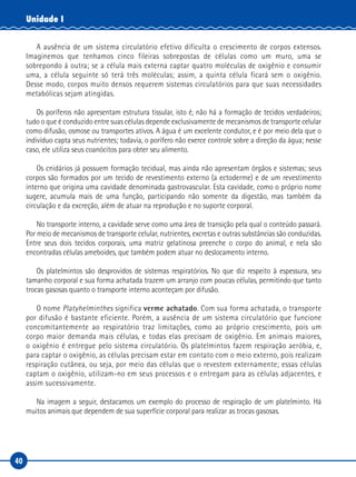 40
Unidade I
A ausência de um sistema circulatório efetivo dificulta o crescimento de corpos extensos.
Imaginemos que tenhamos cinco fileiras sobrepostas de células como um muro, uma se
sobrepondo à outra; se a célula mais externa captar quatro moléculas de oxigênio e consumir
uma, a célula seguinte só terá três moléculas; assim, a quinta célula ficará sem o oxigênio.
Desse modo, corpos muito densos requerem sistemas circulatórios para que suas necessidades
metabólicas sejam atingidas.
Os poríferos não apresentam estrutura tissular, isto é, não há a formação de tecidos verdadeiros;
tudo o que é conduzido entre suas células depende exclusivamente de mecanismos de transporte celular
como difusão, osmose ou transportes ativos. A água é um excelente condutor, e é por meio dela que o
indivíduo capta seus nutrientes; todavia, o porífero não exerce controle sobre a direção da água; nesse
caso, ele utiliza seus coanócitos para obter seu alimento.
Os cnidários já possuem formação tecidual, mas ainda não apresentam órgãos e sistemas; seus
corpos são formados por um tecido de revestimento externo (a ectoderme) e de um revestimento
interno que origina uma cavidade denominada gastrovascular. Esta cavidade, como o próprio nome
sugere, acumula mais de uma função, participando não somente da digestão, mas também da
circulação e da excreção, além de atuar na reprodução e no suporte corporal.
No transporte interno, a cavidade serve como uma área de transição pela qual o conteúdo passará.
Por meio de mecanismos de transporte celular, nutrientes, excretas e outras substâncias são conduzidas.
Entre seus dois tecidos corporais, uma matriz gelatinosa preenche o corpo do animal, e nela são
encontradas células ameboides, que também podem atuar no deslocamento interno.
Os platelmintos são desprovidos de sistemas respiratórios. No que diz respeito à espessura, seu
tamanho corporal e sua forma achatada trazem um arranjo com poucas células, permitindo que tanto
trocas gasosas quanto o transporte interno aconteçam por difusão.
O nome Platyhelminthes significa verme achatado. Com sua forma achatada, o transporte
por difusão é bastante eficiente. Porém, a ausência de um sistema circulatório que funcione
concomitantemente ao respiratório traz limitações, como ao próprio crescimento, pois um
corpo maior demanda mais células, e todas elas precisam de oxigênio. Em animais maiores,
o oxigênio é entregue pelo sistema circulatório. Os platelmintos fazem respiração aeróbia, e,
para captar o oxigênio, as células precisam estar em contato com o meio externo, pois realizam
respiração cutânea, ou seja, por meio das células que o revestem externamente; essas células
captam o oxigênio, utilizam-no em seus processos e o entregam para as células adjacentes, e
assim sucessivamente.
Na imagem a seguir, destacamos um exemplo do processo de respiração de um platelminto. Há
muitos animais que dependem de sua superfície corporal para realizar as trocas gasosas.
 