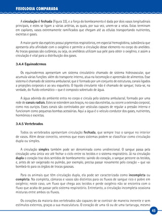 45
FISIOLOGIA COMPARADA
A circulação é fechada (Figura 33), e a força do bombeamento é dada por dois vasos longitudinais
principais, e estes se ligam a várias artérias, as quais, por sua vez, unem-se a veias. Estas terminam
em capilares, vasos extremamente ramificados que chegam até as células transportando nutrientes,
excretas e gases.
A maior parte das espécies possui pigmentos respiratórios, em especial hemoglobina, substância que
apresenta alta afinidade com o oxigênio e permite a circulação desse elemento no corpo do anelídeo.
As trocas gasosas são cutâneas, ou seja, os anelídeos utilizam sua pele para obter o oxigênio, e assim a
circulação é vital para a distribuição dos gases.
3.4.4 Equinodermos
Os equinodermos apresentam um sistema circulatório chamado de sistema hidrovascular, que
acumula várias funções: além do transporte interno, atua na locomoção e apreensão de alimentos. Esse
sistema é chamado de sistema ambulacral, que é formado por um conjunto de estruturas, canais ligados
a projeções corporais e ao seu esqueleto. O líquido circulante não é chamado de sangue; trata-se, na
verdade, do fluido celomático – que é composto sobretudo de água.
A água advinda do ambiente entra no corpo e circula pelo sistema ambulacral, formado por uma
rede de canais radiais. Estes se estendem aos braços, no caso das estrelas, ou ocorre a extensão corporal,
como nos ouriços. Esses canais são controlados por vesículas capazes de regular a pressão interna e
funcionam como pequenas bombas acessórias. Aqui a água é o veículo condutor dos gases, nutrientes,
hormônios e excretas.
3.4.5 Vertebrados
Todos os vertebrados apresentam circulação fechada, que sempre traz o sangue no interior
de vasos. Além desse conceito, veremos que esses sistemas podem se classificar como circulação
dupla ou simples.
A circulação simples também pode ser denominada como unidirecional. O sangue passa pela
circulação uma única vez até fechar o ciclo entre os tecidos e o sistema respiratório. Já na circulação
dupla o coração traz dois sentidos de bombeamento: saindo do coração, o sangue percorre os tecidos,
e, antes de ser oxigenado no pulmão, por exemplo, precisa passar novamente pelo coração – que vai
bombeá-lo para os órgãos de trocas gasosas.
Para os animais que têm circulação dupla, ela pode ser caracterizada como incompleta ou
completa. Na completa, câmaras e vasos são distintos para os fluxos de sangue rico e pobre em
oxigênio; neste caso, um fluxo que chega aos tecidos e perde oxigênio não se encontra com o
fluxo que acaba de passar pelo sistema respiratório. Entretanto, a circulação incompleta ocasiona
misturas entre ambos os fluxos.
Os corações da maioria dos vertebrados são capazes de se contrair de maneira inerente e sem
estímulos externos, graças a sua musculatura. O coração de uma rã ou de uma tartaruga, mesmo
 