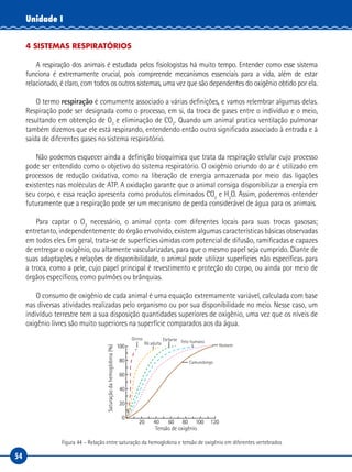 54
Unidade I
4 SISTEMAS RESPIRATÓRIOS
A respiração dos animais é estudada pelos fisiologistas há muito tempo. Entender como esse sistema
funciona é extremamente crucial, pois compreende mecanismos essenciais para a vida, além de estar
relacionado, é claro, com todos os outros sistemas, uma vez que são dependentes do oxigênio obtido por ela.
O termo respiração é comumente associado a várias definições, e vamos relembrar algumas delas.
Respiração pode ser designada como o processo, em si, da troca de gases entre o indivíduo e o meio,
resultando em obtenção de O2
e eliminação de CO2
. Quando um animal pratica ventilação pulmonar
também dizemos que ele está respirando, entendendo então outro significado associado à entrada e à
saída de diferentes gases no sistema respiratório.
Não podemos esquecer ainda a definição bioquímica que trata da respiração celular cujo processo
pode ser entendido como o objetivo do sistema respiratório. O oxigênio oriundo do ar é utilizado em
processos de redução oxidativa, como na liberação de energia armazenada por meio das ligações
existentes nas moléculas de ATP. A oxidação garante que o animal consiga disponibilizar a energia em
seu corpo, e essa reação apresenta como produtos eliminados CO2
e H2
O. Assim, poderemos entender
futuramente que a respiração pode ser um mecanismo de perda considerável de água para os animais.
Para captar o O2
necessário, o animal conta com diferentes locais para suas trocas gasosas;
entretanto, independentemente do órgão envolvido, existem algumas características básicas observadas
em todos eles. Em geral, trata-se de superfícies úmidas com potencial de difusão, ramificadas e capazes
de entregar o oxigênio, ou altamente vascularizadas, para que o mesmo papel seja cumprido. Diante de
suas adaptações e relações de disponibilidade, o animal pode utilizar superfícies não específicas para
a troca, como a pele, cujo papel principal é revestimento e proteção do corpo, ou ainda por meio de
órgãos específicos, como pulmões ou brânquias.
O consumo de oxigênio de cada animal é uma equação extremamente variável, calculada com base
nas diversas atividades realizadas pelo organismo ou por sua disponibilidade no meio. Nesse caso, um
indivíduo terrestre tem a sua disposição quantidades superiores de oxigênio, uma vez que os níveis de
oxigênio livres são muito superiores na superfície comparados aos da água.
Tensão de oxigênio
Saturaçãodahemoglobina(%)
100
80
60
40
20
0
20 40 60 80 100 120
Girino
Rã adulta
Elefante
Camundongo
Homem
Feto humano
Figura 44 – Relação entre saturação da hemoglobina e tensão de oxigênio em diferentes vertebrados
 