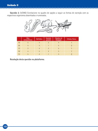 122
Unidade II
Questão 2. (UCMG) Correlacione no quadro de opções a seguir as formas de excreção com os
respectivos organismos desenhados e numerados.
1
2
3
5
4
Rins
metanéfricos
Nefrídios
Vacúolo
pulsátil
Túbulos de
Malpighi
Células-flama
A) 5 3 2 4 1
B) 4 3 1 5 2
C) 3 4 2 5 1
D) 4 5 2 3 1
E) 5 4 1 3 2
Resolução desta questão na plataforma.
 