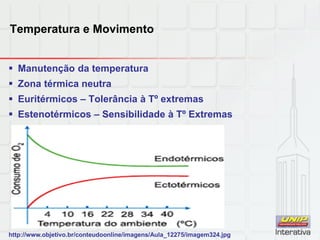 Temperatura e Movimento
 Manutenção da temperatura
 Zona térmica neutra
 Euritérmicos – Tolerância à Tº extremas
 Estenotérmicos – Sensibilidade à Tº Extremas
http://www.objetivo.br/conteudoonline/imagens/Aula_12275/imagem324.jpg
 