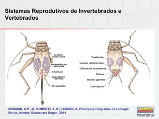 Sistemas Reprodutivos de Invertebrados e
Vertebrados
HICKMAN, C.P., Jr; ROBERTS, L.S.; LARSON, A. Princípios integrados de zoologia.
Rio de Janeiro: Guanabara Kogan, 2014
 