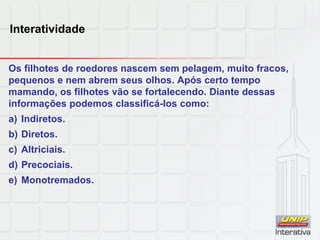 Interatividade
Os filhotes de roedores nascem sem pelagem, muito fracos,
pequenos e nem abrem seus olhos. Após certo tempo
mamando, os filhotes vão se fortalecendo. Diante dessas
informações podemos classificá-los como:
a) Indiretos.
b) Diretos.
c) Altriciais.
d) Precociais.
e) Monotremados.
 