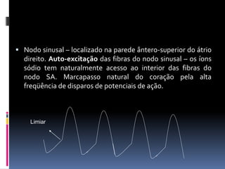  Nodo sinusal – localizado na parede ântero-superior do átrio
direito. Auto-excitação das fibras do nodo sinusal – os íons
sódio tem naturalmente acesso ao interior das fibras do
nodo SA. Marcapasso natural do coração pela alta
freqüência de disparos de potenciais de ação.
Limiar
 
