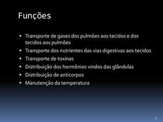 Funções
 Transporte de gases dos pulmões aos tecidos e dos
tecidos aos pulmões
 Transporte dos nutrientes das vias digestivas aos tecidos
 Transporte de toxinas
 Distribuição dos hormônios vindos das glândulas
 Distribuição de anticorpos
 Manutenção da temperatura
2
 