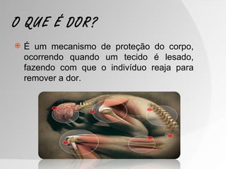 O QUE É DOR?
   É um mecanismo de proteção do corpo,
    ocorrendo quando um tecido é lesado,
    fazendo com que o indivíduo reaja para
    remover a dor.
 