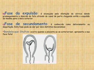 b)Fase da expulsão: é alcançada pela dilatação da cérvice dando
prosseguimento a descida do feto através do canal de parto chegando então a expulsão
do mesmo para o meio exterior.
c)Fase de secundamento: é conhecida como delivramento ou
dequitação. Esta fase pode se dar por dois distintos mecanismos:
*Bandelocque Shultze: ocorre quando a placenta ao se exteriorizar, apresenta a sua
face fetal
 