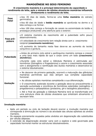 MAMOGÊNESE NO SEXO FEMININO
O crescimento mamário é o principal determinante da capacidade e
rendimento do leite, pois o número de células alveolares mamárias influencia
diretamente o rendimento do leite.
Fase
Fetal
• Aos 35 dias de idade, forma-se uma linha mamária do estrato
germinativo.
• Aos 60 dias de idade o botão mamário se aprofunda na derme e a
teta começa a se formar.
• Aos 100 dias começa a formação de canais na extremidade do botão e
prossegue produzindo uma abertura para o exterior.
Fase pré-
púbere
• O sistema mamário do nascimento até a puberdade sofre pouco
desenvolvimento.
• A velocidade de crescimento tem relação direta com o crescimento
corporal (crescimento isométrico)
• O aumento do tamanho nesta fase deve-se ao aumento do tecido
conjuntivo e gordura.
Puberdade
• Antes do primeiro ciclo estral o parênquima mamário começa a crescer
a uma taxa mais rápida do que o corpo como um todo (crescimento
alométrico).
• Durante cada ciclo estral a Glândula Mamária é estimulada por
hormônios (Estrogênio e Progesterona) e ocorre o crescimento associado
com o alongamento e ramificação dos ductos mamários e desenvolve-se
o sistema lobuloalveolar.
Gestação
• No decorrer da primeira gestação, ocorrerá a maturação das glândulas
mamárias permitindo que elas atinjam sua completa capacidade
funcional.
• As células epiteliais mamárias completarão a sua diferenciação.
• O crescimento acelerado durante a gestação deve-se provavelmente a
secreção aumentada e sincrônica de hormônios esteróides (estrogênio e
progesterona) e polipeptídicos (prolactina, gH e lactogênio placentário).
• Até o final da gestação a Glândula Mamária terá se transformado em
uma estrutura cheia de células alveolares que sintetizam ativamente e
secretam leite.
Involução mamária
• Após um período ou ciclo de lactação deverá ocorrer a involução mamária que
corresponde à diminuição do número e da atividade das células epiteliais do alvéolo
mamário.
• Os espaços previamente ocupados pelos alvéolos em degeneração são substituídos
por células adiposas.
• A extensão da degeneração alveolar varia com a espécie e está governada pela
capacidade hormonal manter as estruturas lobuloalveolares.
 
