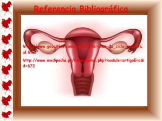 Referencia Bibliográfica 
http://www.geocities.com/rpaim/alteracao_do_ciclo_menstru 
al.html 
http://www.medipedia.pt/home/home.php?module=artigoEnc&i 
d=672 
