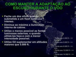 COMO MANTER A ADAPTAÇÃO AO ESCURO DURANTE O VÔO Feche um dos olhos quando submetido a um flash luminoso intenso. Diminua ao máximo a iluminação interna de cabine. Utilize o menos possível as fontes luminosas externas, e quando utilizá-las faça-o com a menor intensidade possível. Utilize O2 suplementar em altitudes maiores que 5.000 ft. Perda aos 4.000 ft ~ >> 5% Perda aos 5.000 ft ~ >> 8% Perda aos 6.000 ft ~ >> 10% Perda aos 12.000 ft ~ >> 25% Perda aos 14.000 ft ~ >> 30% 