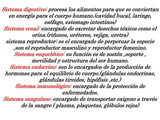 Sistema digestivo: procesa los alimentos para que se conviertan
en energía para el cuerpo humano.(cavidad bucal, laringe,
esófago, estomago intestinos)
Sistema renal: encargado de excretar desechos tóxicos como el
orina.(riñones, uréteres, vejiga, uretra)
sistema reproductor: es el encargado de perpetuar la especie
,son el reproductor masculino y reproductor femenino.
Sistema esquelético: su función es de sostén ,soporte ,
movilidad y estructura del ser humano.
Sistema endocrino: son lo encargados de la producción de
hormonas para el equilibrio de cuerpo.(glándulas endocrinas,
glándulas tiroides, hipófisis ,etc.)
Sistema inmunológico: encargado de la protección de
enfermedades.
Sistema sanguíneo: encargado de transportar oxigeno a través
de la sangre.( plasma, plaquetas, glóbulos rojos)
 