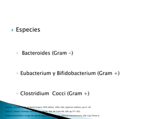  Especies
◦ Bacteroides (Gram -)
◦ Eubacterium y Bifidobacterium (Gram +)
◦ Clostridium Cocci (Gram +)
Marvin L. Croman, Colon an Rectal Surgery, Fifith edition, 2004, USA, Lippincorr williams, pp.31-40
Arthur C. Guyton, Fisiologia medica, 11va edicion, Edit. Mc Graw Hill, USA, pp.771-825
Zuidema Shackelford, Cirugia del apartao digestivo, 4ta eidicion, Editorial interamericana, USA, Cap.2Tomo Iv.
 