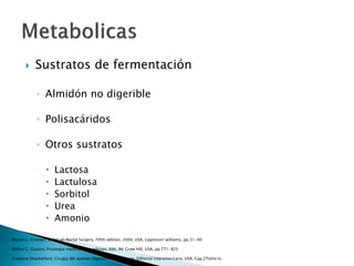  Sustratos de fermentación
◦ Almidón no digerible
◦ Polisacáridos
◦ Otros sustratos
 Lactosa
 Lactulosa
 Sorbitol
 Urea
 Amonio
Marvin L. Croman, Colon an Rectal Surgery, Fifith edition, 2004, USA, Lippincorr williams, pp.31-40
Arthur C. Guyton, Fisiologia medica, 11va edicion, Edit. Mc Graw Hill, USA, pp.771-825
Zuidema Shackelford, Cirugia del apartao digestivo, 4ta eidicion, Editorial interamericana, USA, Cap.2Tomo Iv.
 