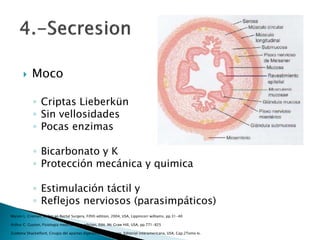  Moco
◦ Criptas Lieberkün
◦ Sin vellosidades
◦ Pocas enzimas
◦ Bicarbonato y K
◦ Protección mecánica y quimica
◦ Estimulación táctil y
◦ Reflejos nerviosos (parasimpáticos)
Marvin L. Croman, Colon an Rectal Surgery, Fifith edition, 2004, USA, Lippincorr williams, pp.31-40
Arthur C. Guyton, Fisiologia medica, 11va edicion, Edit. Mc Graw Hill, USA, pp.771-825
Zuidema Shackelford, Cirugia del apartao digestivo, 4ta eidicion, Editorial interamericana, USA, Cap.2Tomo Iv.
 
