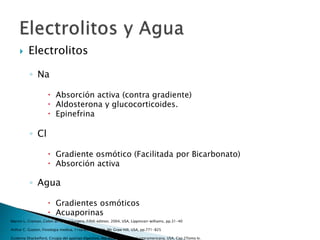  Electrolitos
◦ Na
 Absorción activa (contra gradiente)
 Aldosterona y glucocorticoides.
 Epinefrina
◦ Cl
 Gradiente osmótico (Facilitada por Bicarbonato)
 Absorción activa
◦ Agua
 Gradientes osmóticos
 Acuaporinas
Marvin L. Croman, Colon an Rectal Surgery, Fifith edition, 2004, USA, Lippincorr williams, pp.31-40
Arthur C. Guyton, Fisiologia medica, 11va edicion, Edit. Mc Graw Hill, USA, pp.771-825
Zuidema Shackelford, Cirugia del apartao digestivo, 4ta eidicion, Editorial interamericana, USA, Cap.2Tomo Iv.
 