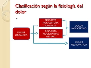 CCllaassiiffiiccaacciióónn sseeggúúnn llaa ffiissiioollooggííaa ddeell 
ddoolloorr 
. 
DOLOR 
ORGANICO 
RESPUESTA 
NOCICEPTORA 
SOMATICA 
RESPUESTA 
NOCICEPTORA 
VISCERAL 
DOLOR 
NOCICEPTIVO 
DOLOR 
NEUROPATICO 
 