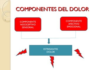 CCOOMMPPOONNEENNTTEESS DDEELL DDOOLLOORR 
. 
COMPONENTE 
NOCICEPTIVO 
SENSORIAL 
COMPONENTE 
AFECTIVO 
EMOCIONAL 
ESTRESANTES 
DOLOR 
 
