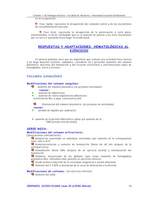 Cátedra I de Fisiología Humana – Facultad de Medicina – Universidad nacional del Nordeste
DISERTANTES: ACOSTA FELQUER, Laura, DE LA ROSA, MarceloDISERTANTES: ACOSTA FELQUER, Laura, DE LA ROSA, MarceloDISERTANTES: ACOSTA FELQUER, Laura, DE LA ROSA, MarceloDISERTANTES: ACOSTA FELQUER, Laura, DE LA ROSA, Marcelo 16
En la recuperación:
Fase rápida: representa la desaparición del comando central y de los mecanismos
de retroalimentación muscular.
Fase lenta: representa la desaparición de la potenciación a corto plazo,
manteniéndose el factor estimulador que es el aumento de potasio y los otros mecanismos
que se van a ir ajustando hasta llegar al estado basal.
RESPUESTAS Y ADAPTACIONES HEMATOLÓGICAS AL
EJERCICIO
En general podemos decir que los deportistas que realizan una actividad física intensa
y de larga duración (ciclistas, nadadores, corredores etc.) presentan aumentos del volumen
plasmático, descenso del hematocrito y del recuento eritrocitario y concentraciones bajas de
hemoglobina, hierro y ferritina.
.
VOLUMEN SANGUÍNEO
Modificaciones del volumen sanguíneo:
Aumento del volumen plasmático (en personas entrenadas)
causas:
aumento de aldosterona
aumento de renina-angiotensina-aldosterona
[retención de Na+ y agua vasoconstricción]
Disminución del volumen plasmático: (en personas no entrenados)
causas:
pérdida de líquidos por sudoración
aumento de la presión hidrostática capilar por aumento de la
TAM (tensión arterial media).
SERIE ROJA:
Modificaciones del volumen eritrocitario:
(observaciones contradictorias)
Hematocrito aumentado en individuos entrenados (por aumento de la eritropoyetina)
entre 16% a 18 %
Hemoconcentración y aumento de hematocrito (hasta los 60 min después de la
actividad física)
Hemodilución (hasta 48hs después de un ejercicio normal) y normalización del
hematocrito
Hemólisis intravascular de los glóbulos rojos viejos (aumento de hemoglobina
plasmática libre, bilirrubina total, potasio) en ejercicios intensos.
Seudo anemia (reducción de la viscosidad sanguínea) o anemia dilucional
Aumento del 2-3 DPG y desviación de la curva de disociación a la derecha.
Modificaciones de cationes: (en ejercicios intensos)
Aumento del sodio
 